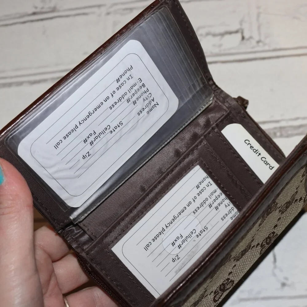 🦋 Designer Trifold Wallet · NWT · Beige & Brown with Brass Rivets